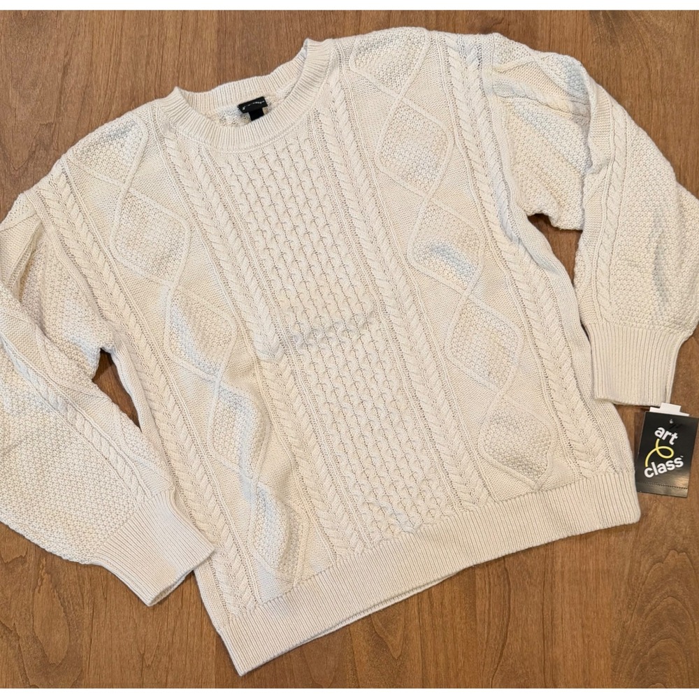 Art Class Kids Beige Cable Knit Sweater Crew Neck Long Sleeve Size L NWT